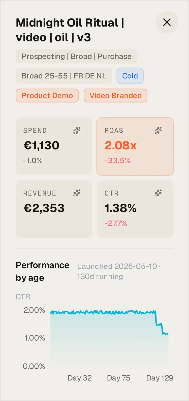 The numbers side of a Meta video ad’s detail: its name, audience and AI tags, spend, ROAS, revenue, CTR, CPM and CPC, then ROAS and CTR by day since launch.