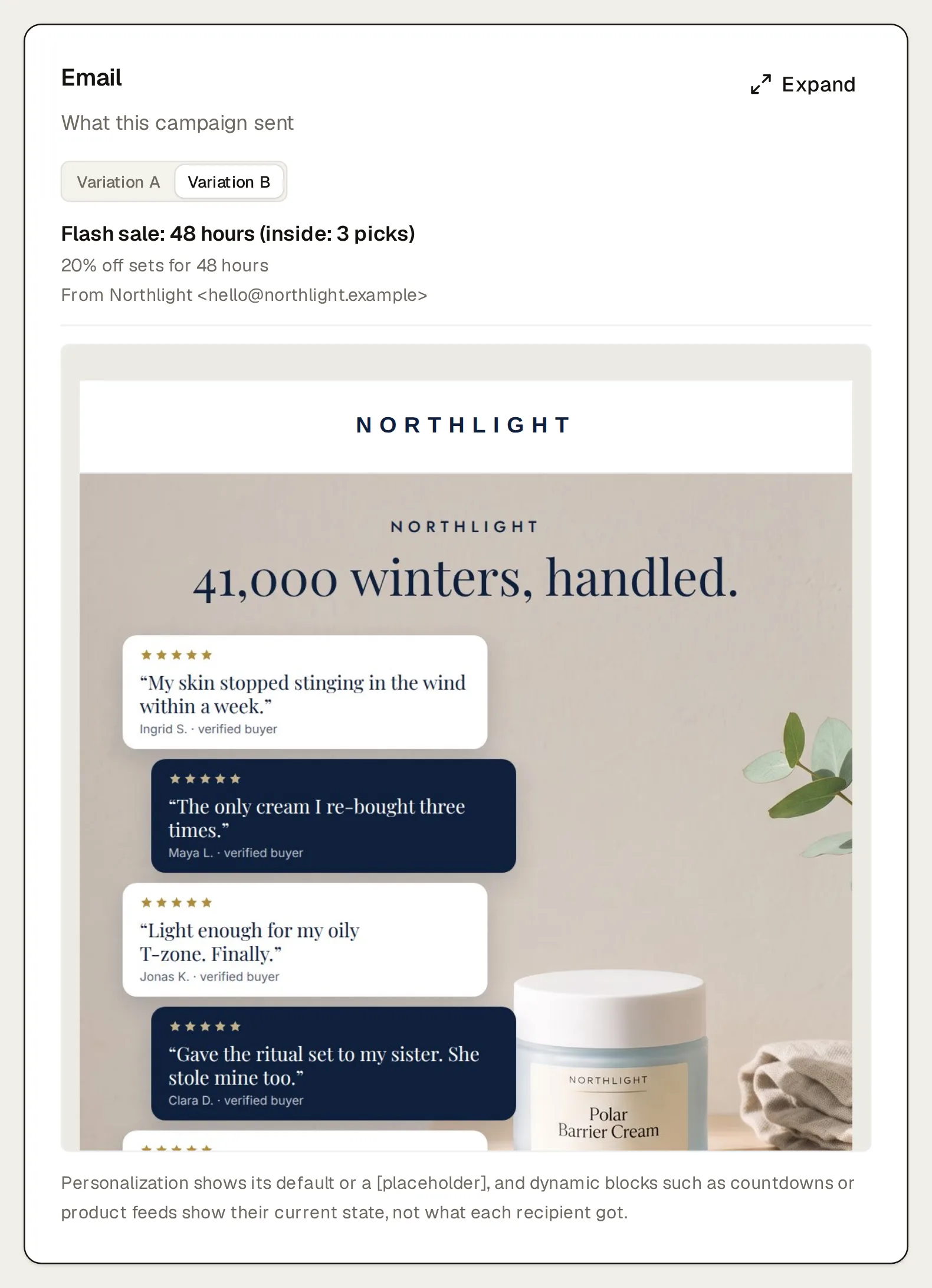 The email card of Northlight’s A/B campaign “Flash sale: 48 hours - 2026-09-15” with Variation B selected: its subject, “Flash sale: 48 hours (inside: 3 picks)”, preview text and sender, and the variation’s email rendered below.