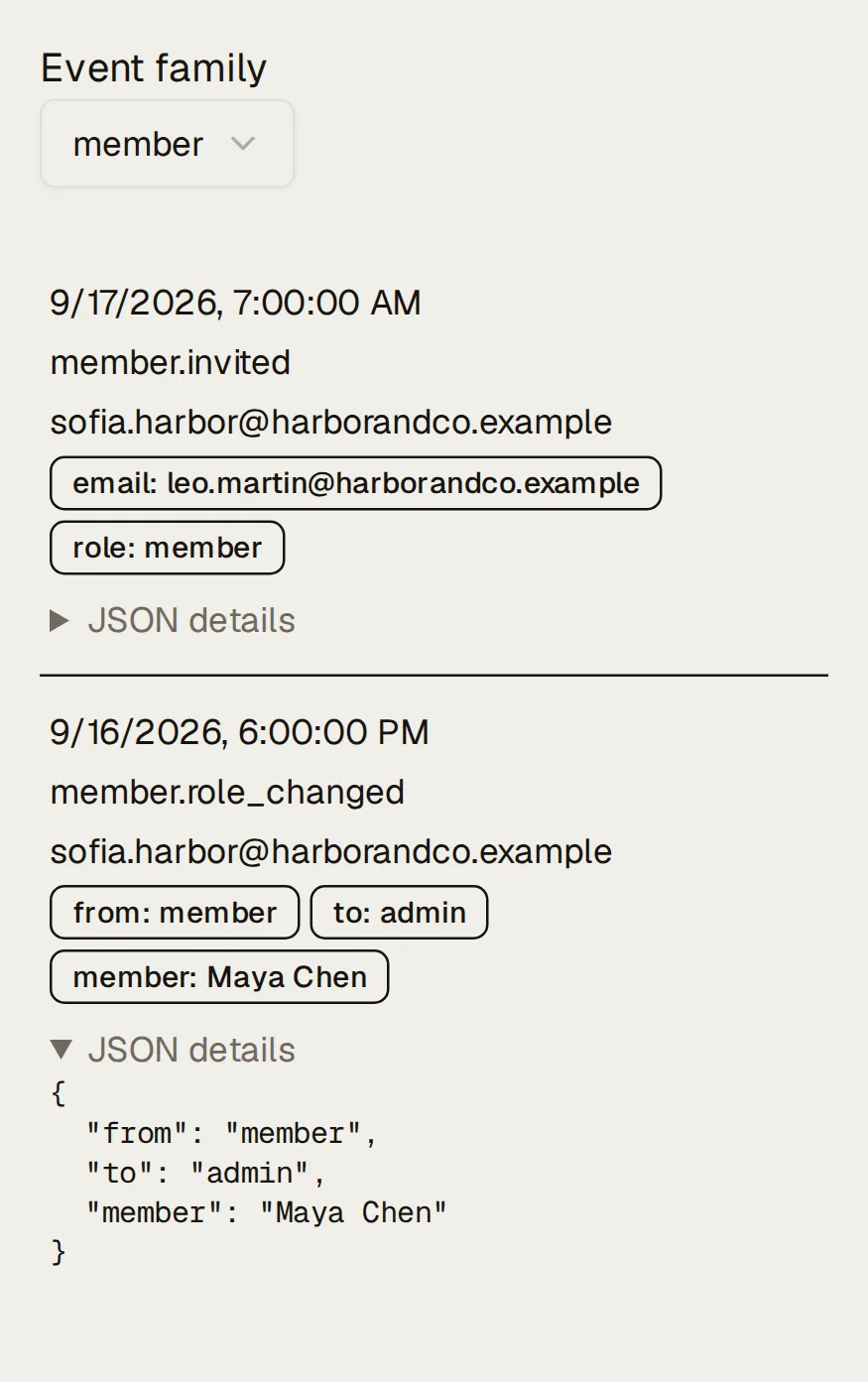 The audit log of the Harbor & Co workspace, filtered to member events, its two newest, each with its time, event, outcome, actor and details: member.invited by sofia.harbor@harborandco.example on 9/17/2026, 7:00:00 AM (email: leo.martin@harborandco.example, role: member), then member.role_changed by sofia.harbor@harborandco.example on 9/16/2026, 6:00:00 PM (from: member, to: admin, member: Maya Chen), its JSON details open.