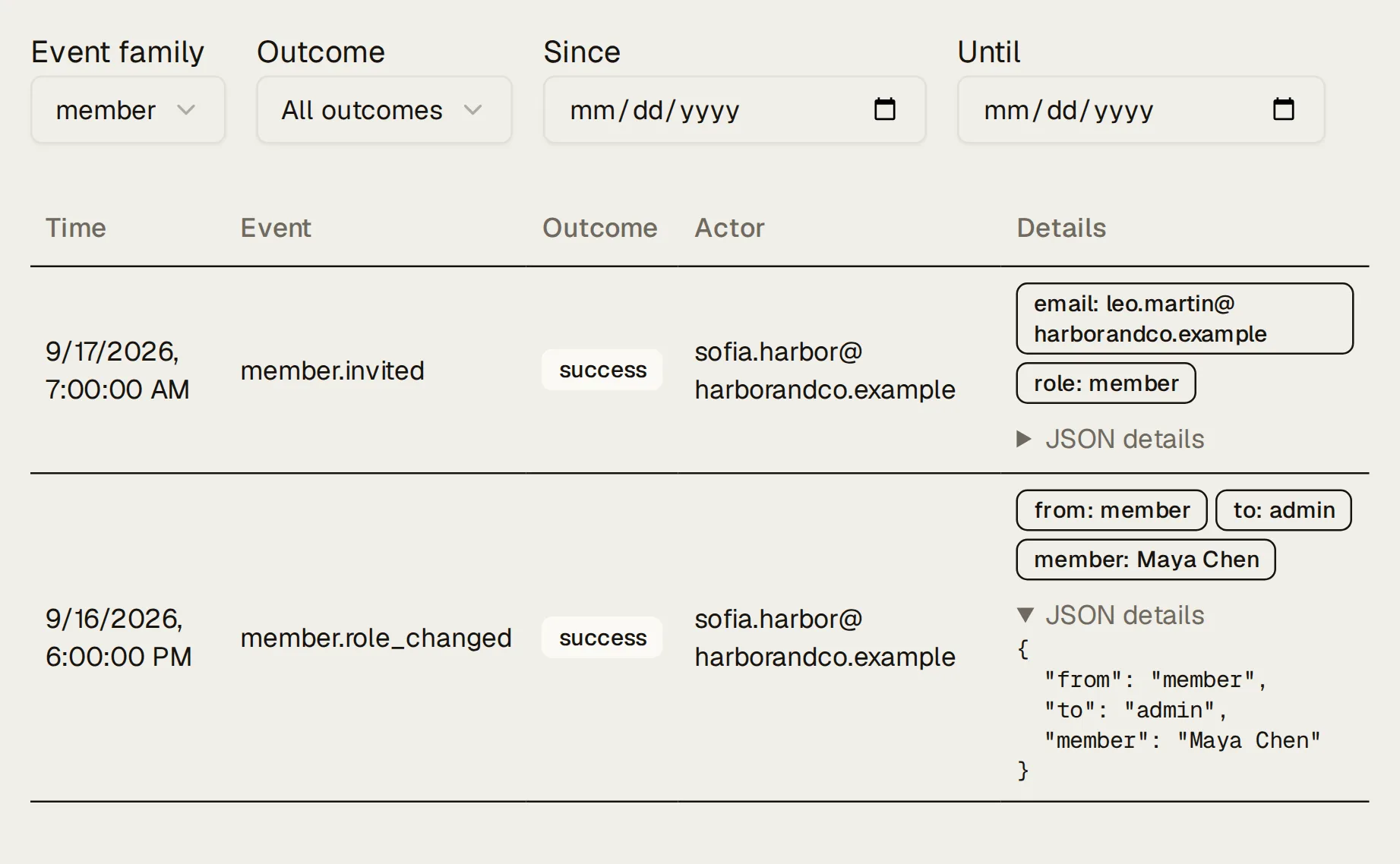 The audit log of the Harbor & Co workspace, filtered to member events, its two newest, each with its time, event, outcome, actor and details: member.invited by sofia.harbor@harborandco.example on 9/17/2026, 7:00:00 AM (email: leo.martin@harborandco.example, role: member), then member.role_changed by sofia.harbor@harborandco.example on 9/16/2026, 6:00:00 PM (from: member, to: admin, member: Maya Chen), its JSON details open.