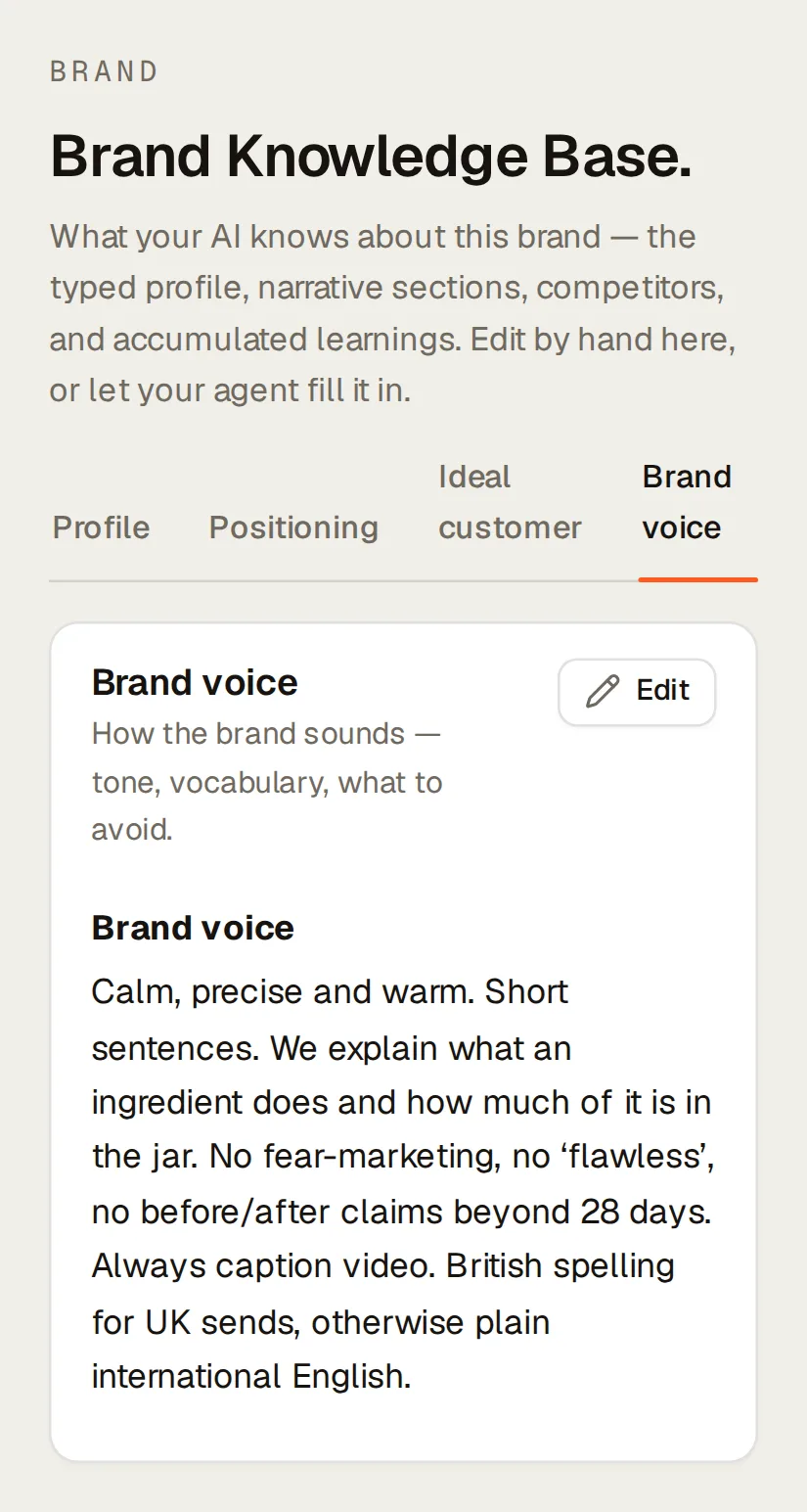 Northlight’s Brand Knowledge on the Brand voice tab: the written voice section, how the brand sounds and what it avoids.