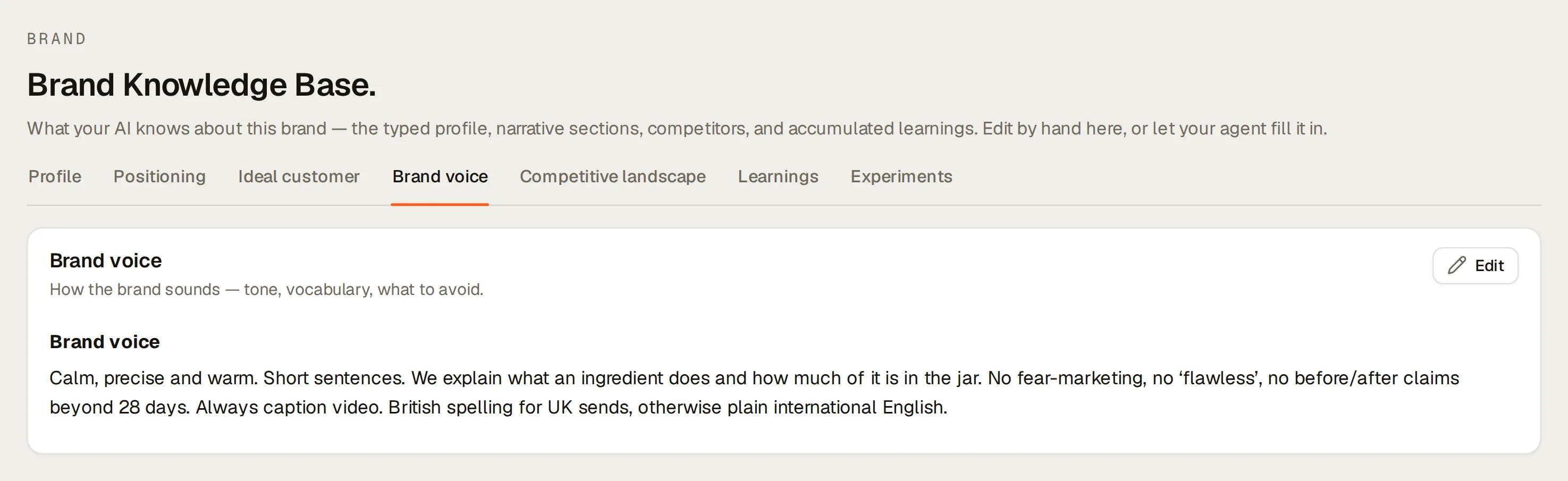 Northlight’s Brand Knowledge on the Brand voice tab: the written voice section, how the brand sounds and what it avoids.