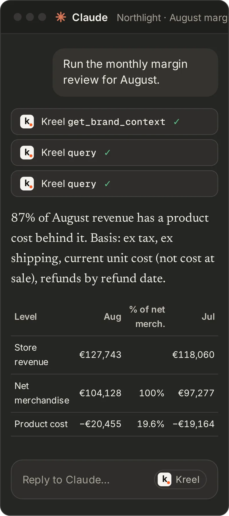 A mock Claude conversation running Kreel’s monthly margin review for August: the cost-coverage line and basis first, then the ladder from store revenue to contribution after ads against July, and contribution per euro of ad spend.